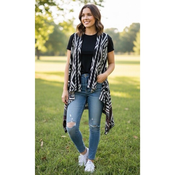Women's Boho Tribal Aztec Knit Cardigan Sweater Open Front Draped Waterfall XS/S - Picture 2 of 8